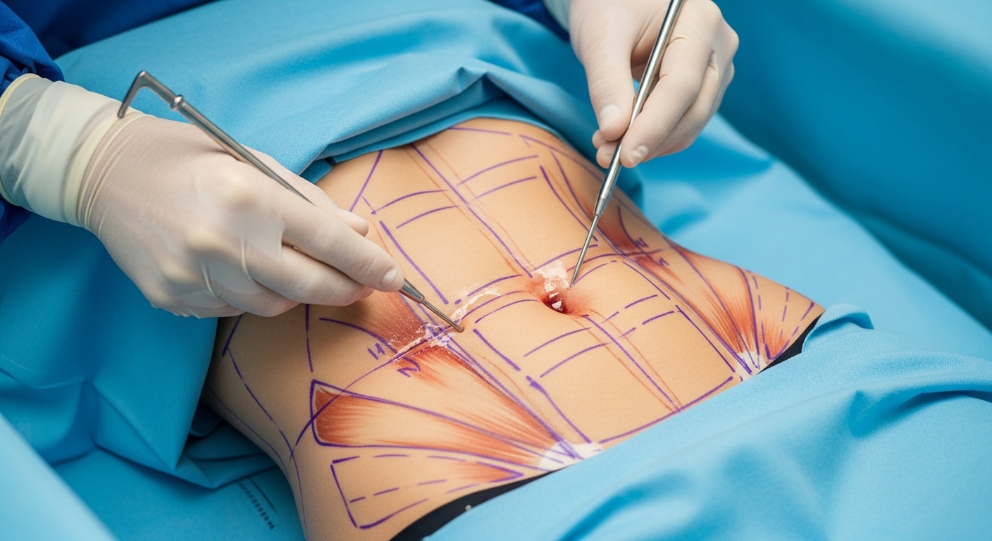 Detalhe de marcação cirúrgica abdominal para procedimento de Lipo LAD (Lipoaspiração de Alta Definição). Mãos enluvadas de um cirurgião utilizam instrumentos de precisão sobre a pele do paciente, que apresenta desenhos técnicos indicando a musculatura abdominal para refinamento do contorno corporal.