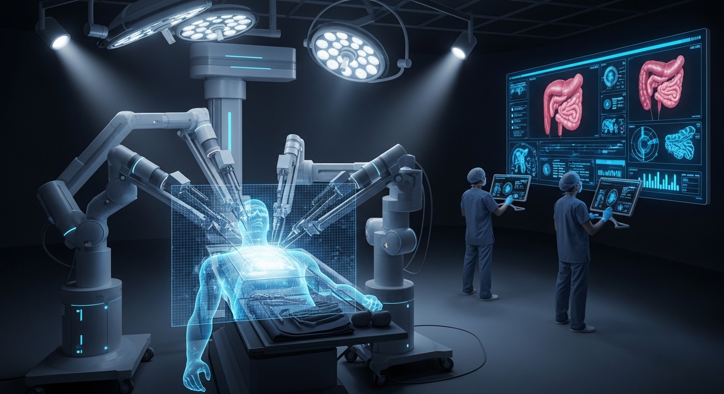 Centro cirúrgico futurista onde um sistema robótico de múltiplos braços realiza um procedimento em um paciente representado por um holograma azul translúcido. Dois cirurgiões ao fundo operam consoles de controle digitais, enquanto um grande painel de LED exibe imagens detalhadas da anatomia interna e dados vitais em tempo real. A iluminação é focada e tecnológica, destacando a precisão da medicina robótica moderna.
