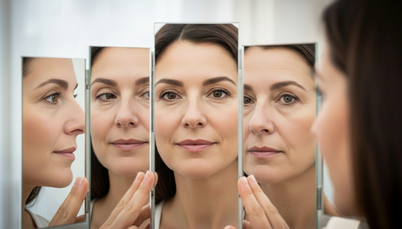 Uma composição visual criativa mostrando o rosto de uma mulher refletido em quatro painéis de espelhos verticais. Da direita para a esquerda, os reflexos mostram uma transição sutil: as imagens da direita exibem linhas de expressão e sinais de envelhecimento mais evidentes, enquanto os reflexos da esquerda mostram uma pele visivelmente mais lisa, firme e rejuvenescida. A imagem simboliza os resultados de tratamentos estéticos faciais e a recuperação da autoestima